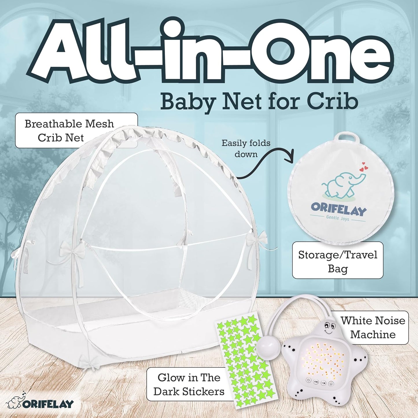 Baby Crib Tent - Toddler Bed Tent w/White Noise Machine, Wide Zipper Opening - Easy Setup Crib Cover w/Glow in The Dark Stickers & Custom Multi Color Light, Breathable Mesh Cribs Net (White)