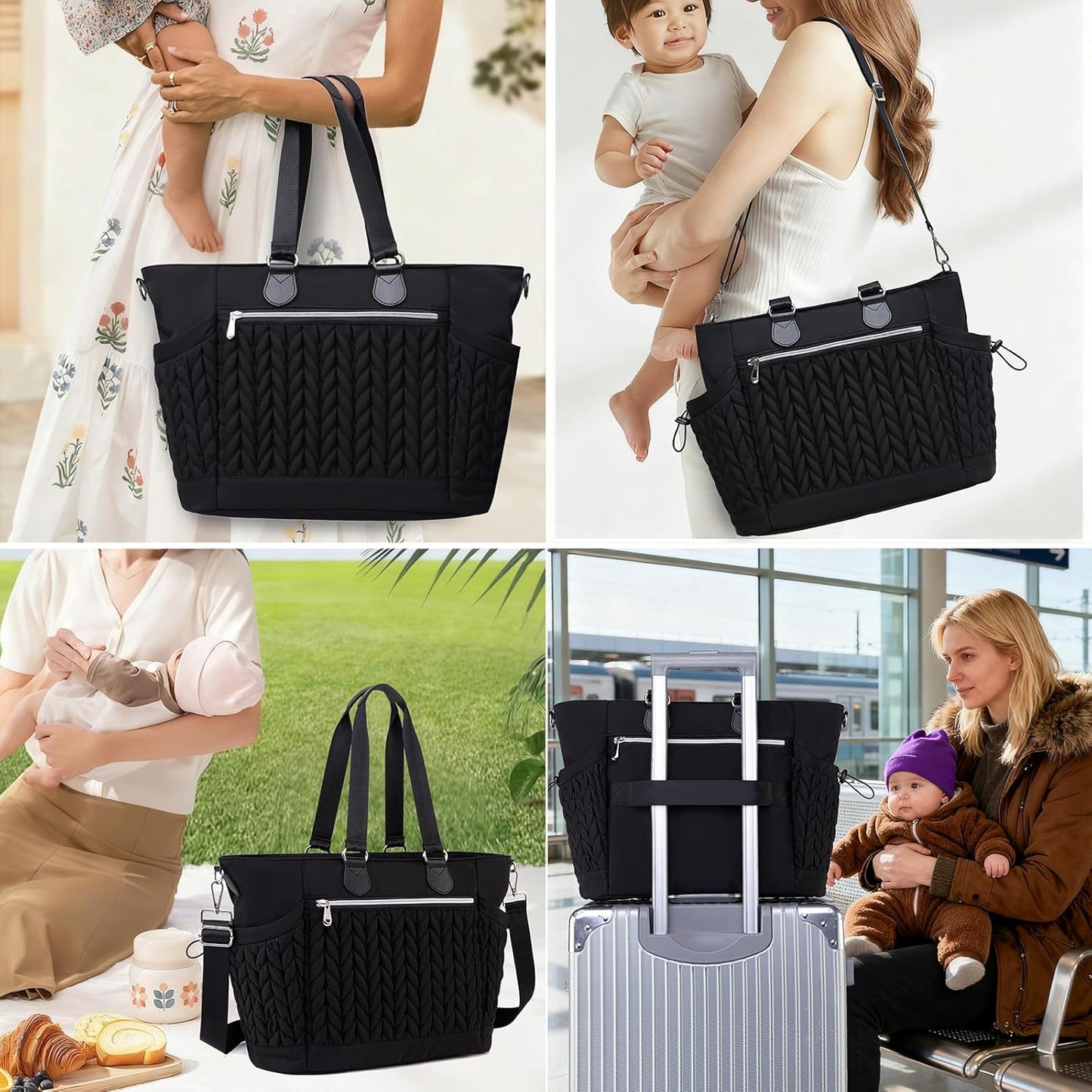 Diaper Bag Tote, Large Tote Baby Diaper Bag with 15.6" Laptop Compartment and Insulated Pockets, Crossbody Hospital Bags