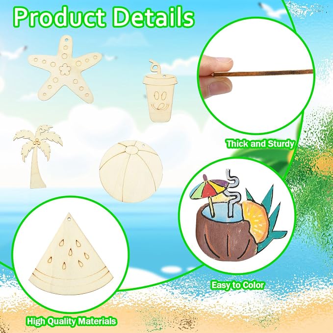 32 pcs Mixed Styles Beach Theme Unfinished Wood Cutout Charms Watermelon Ice