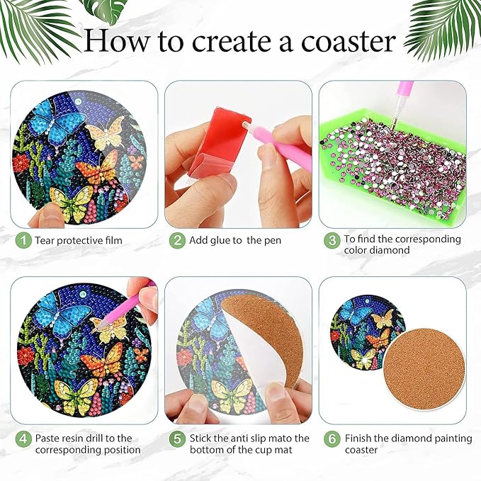 EWJRNSF 8 PCS Butterfly Diamond Art Coasters Kit Without Holder