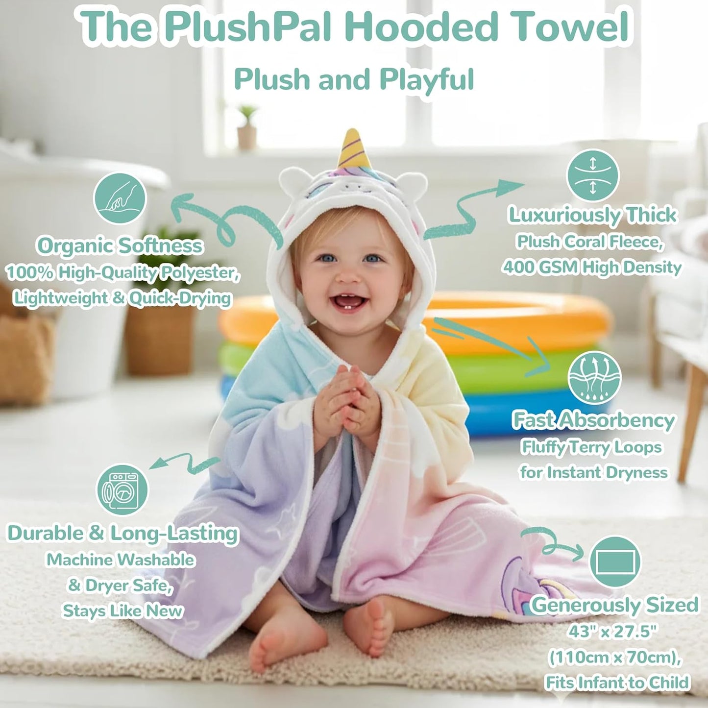 HECCEI HoodieHug Baby Towels, Premium Coral Fleece Bath Towel with Large Size-Ultra Absorbent for Baby Comfort- Great Gift for Newborn, Toddler and Kid (Unicorn)