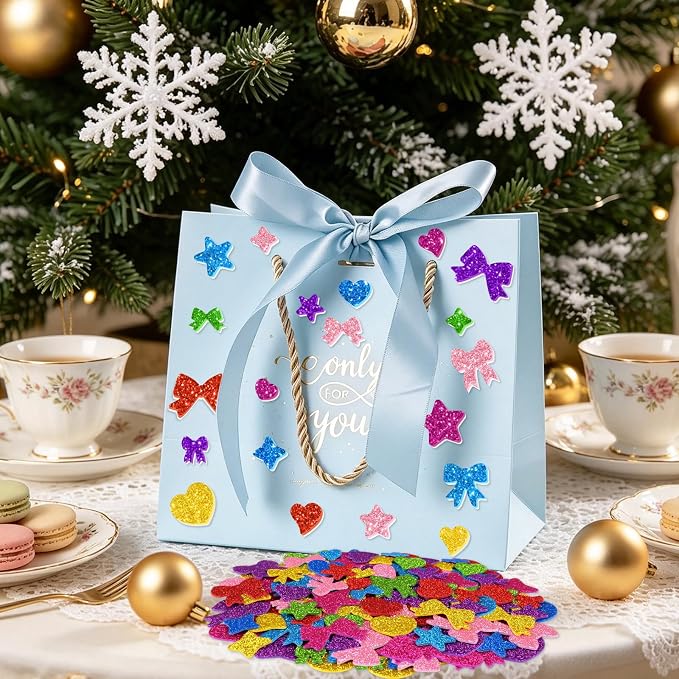 1000PCS Glitter Foam Stickers, Colorful Heart & Bow Stickers, Self-Adhesive