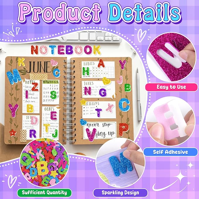 448PCS Glitter Foam Letter Stickers, Colorful Alphabet Stickers, Self-Adhesive