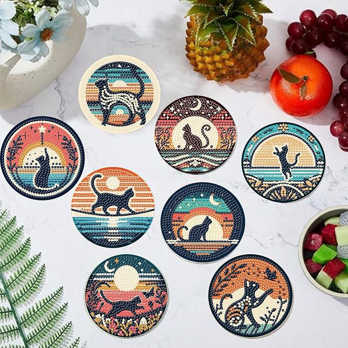 8PCS Diamond Art Coasters Kit, Cat Diamond Painting Coasters