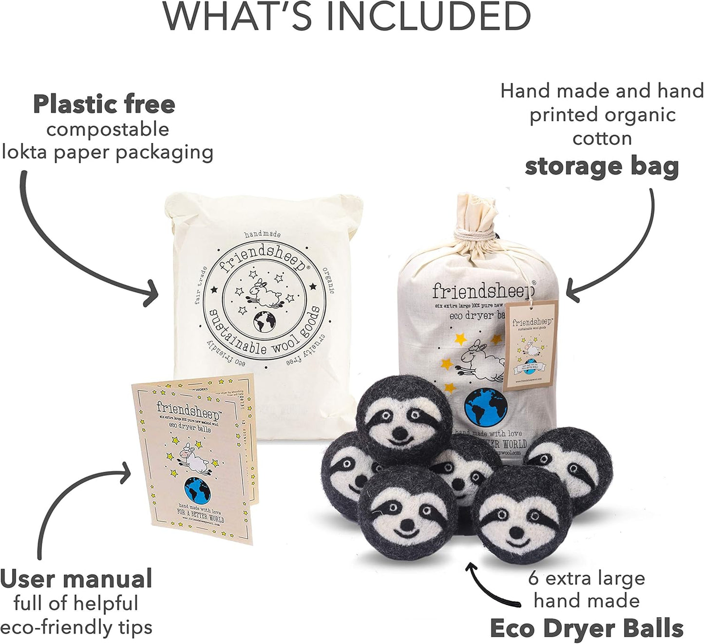 Friendsheep Wool Dryer Balls, Organic Reusable Fabric Softener Alternative for Laundry, Handmade, Fair Trade, Hypoallergenic, Eco-Friendly, Plastic-Free (6 Pack XL – Gray Sloth - Sloth Squad)