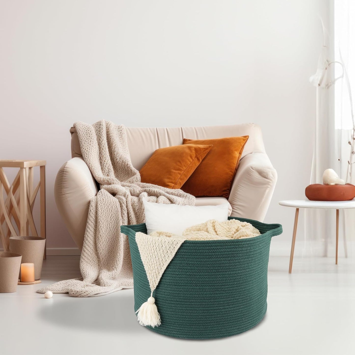 Large Cotton Rope Basket – 22"x14" Woven Storage Basket for Blankets, Toys, Laundry, and Nursery – Round Baskets for Living Room and Kids Dark Green