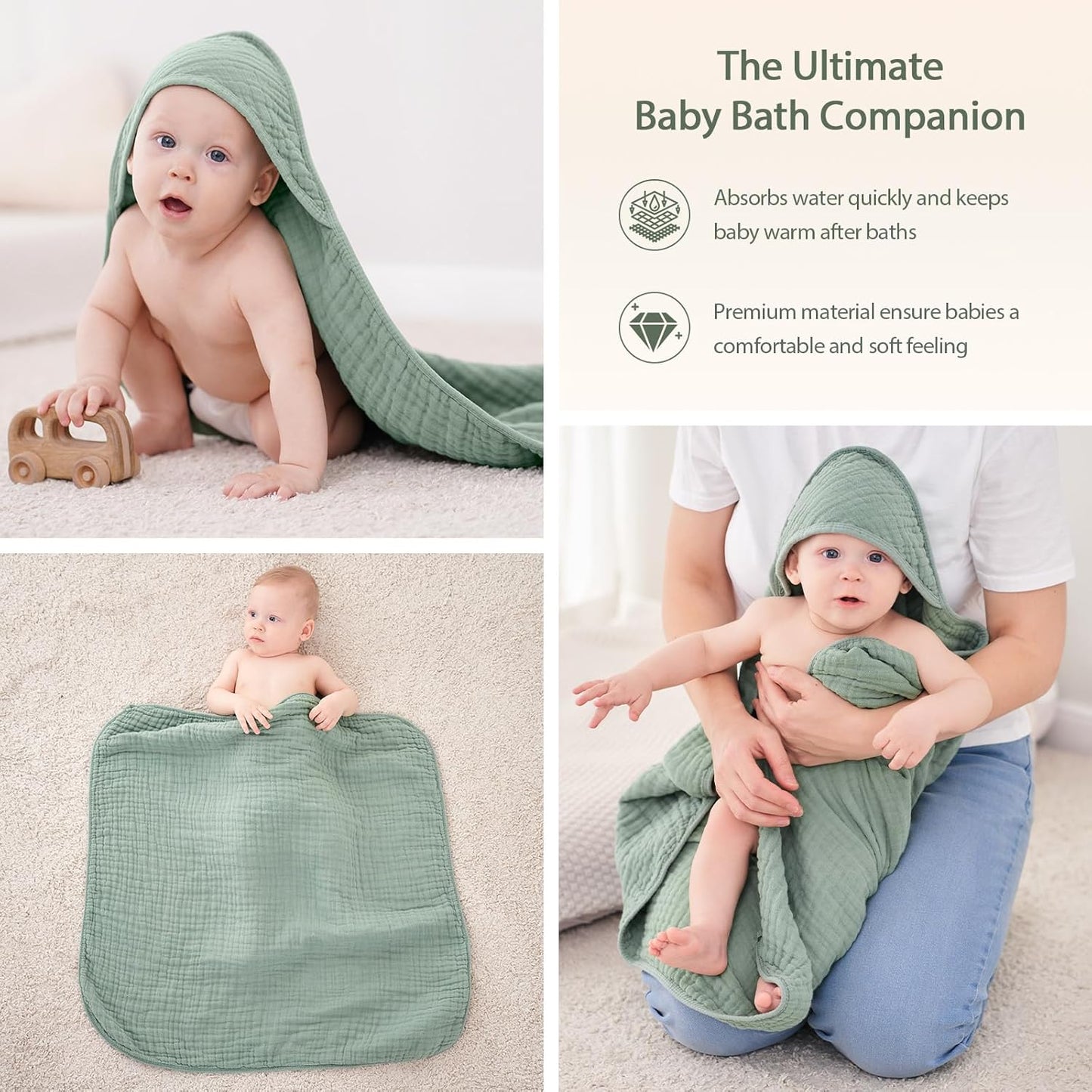 Hooded Baby Towels for Newborn - 2 Pack, 100% Muslin Cotton, Baby Bath Towels with Hood, Soft and Absorbent for Boys, Girls Infant, Toddler and Kids, Large 32x32 Inches, Newborn Essential