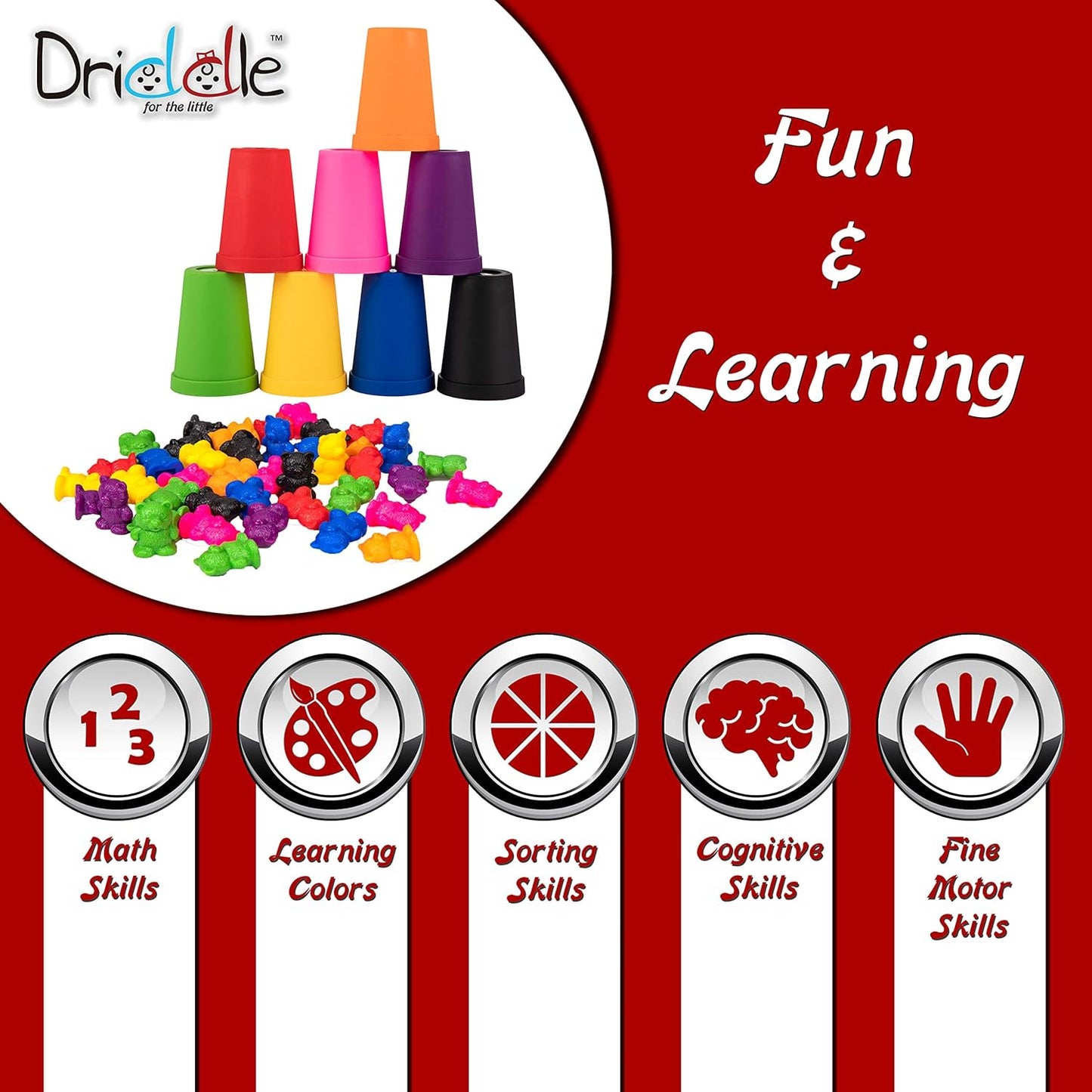 Colorful Counting Bears with Matching Cups - 80 Bears - Sort, Count & Color Recognition Learning Toy for Toddler & Kids - Montessori Education - Preschool Game
