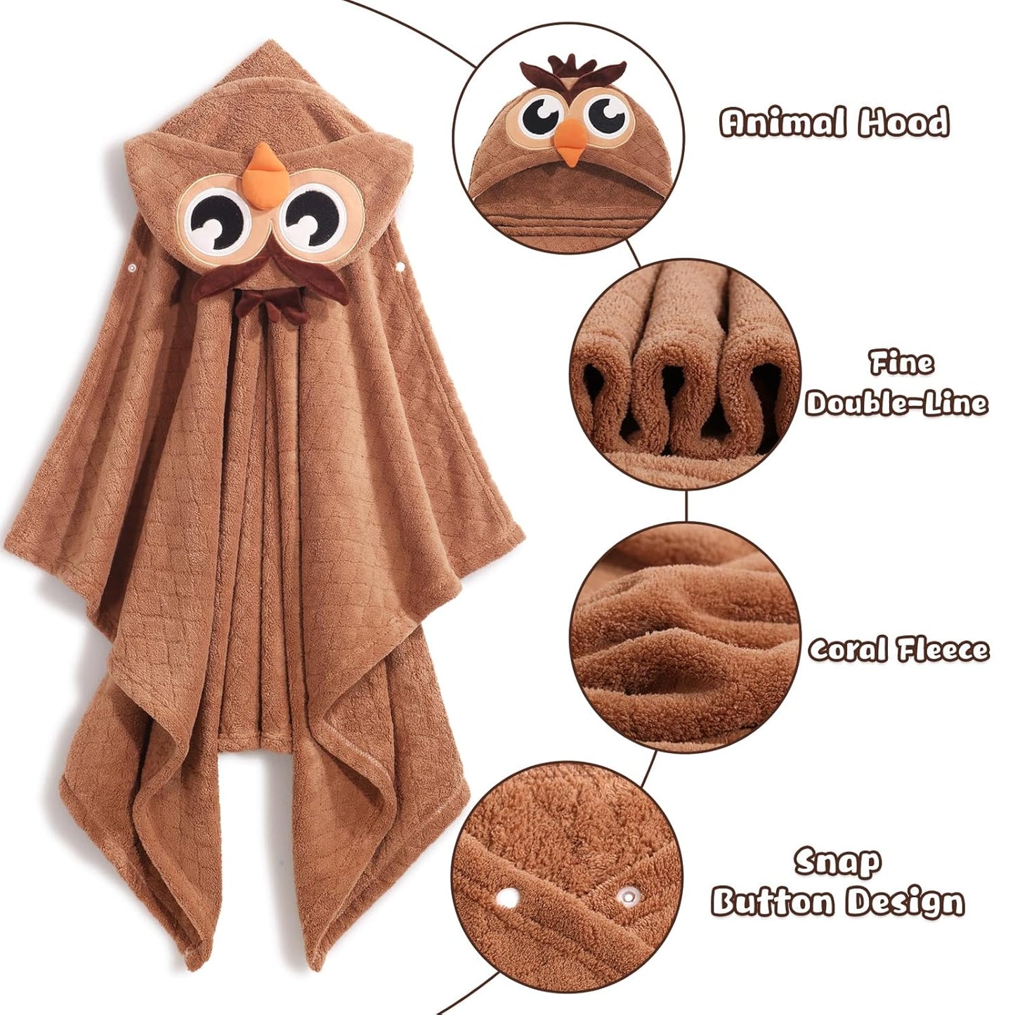 Kids Bath Towels for Boy Girl 0-5 Years, 2-Pack Soft & Absorbent Hooded Towel for Baby with Large Size50 x32, Luxuriously Thick and Plush Coral Fleece with Buttons White Sheep & Brown Owl
