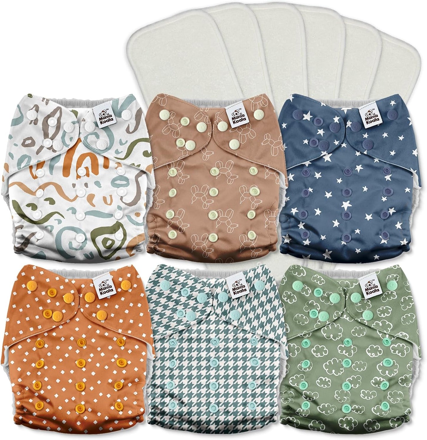 Mama Koala 3.0 Cloth Diapers for Babies with AWJ Lining, 6 Pack with 6 5-Layer Natural Cloth Diaper Inserts - Reusable and Washable Pocket Diapers(A-Full of Hope)