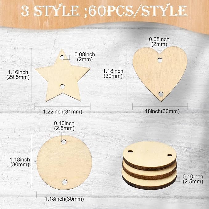 180 pcs 3 Styles Heart Star Theme Unfinished Wood Cutout Charms Flat Round