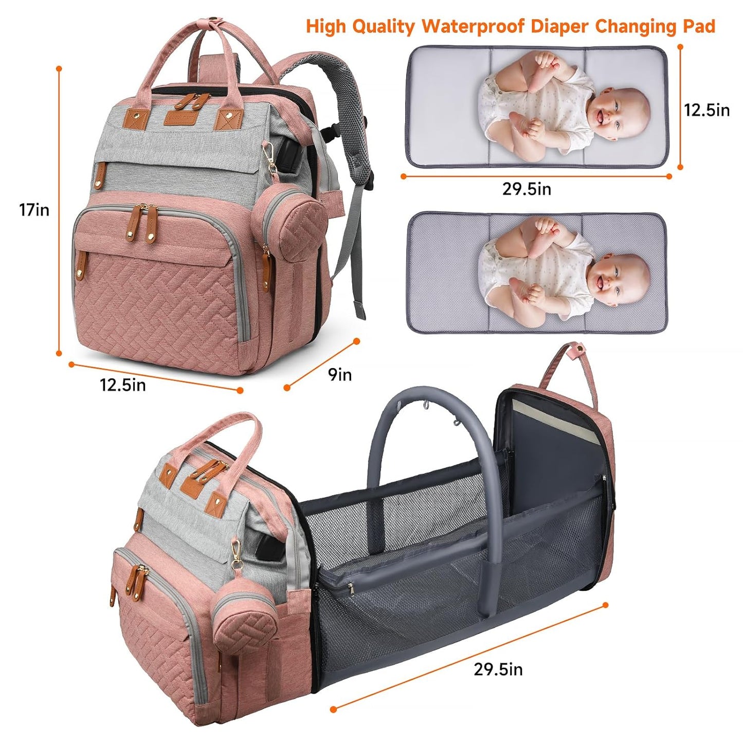 Diaper Bag Backpack Baby Diaper Bag Multifunctional Waterproof Diaper Bag with Changing Station Travel Backpack with Changing Pad, Baby Baby Pacifier Case & Stroller Straps(PinkGrey)
