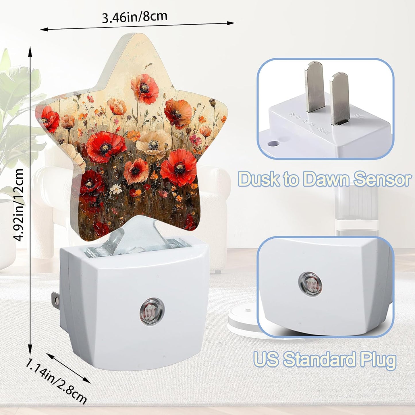 Night Light,Red Poppy Flower Plug into Wall with Dusk to Dawn Light Sensors,Vintage Floral Warm Star Nightlights for Bedroom,Bathroom,Hallway,Kitchen Home Decor Desk Lamp