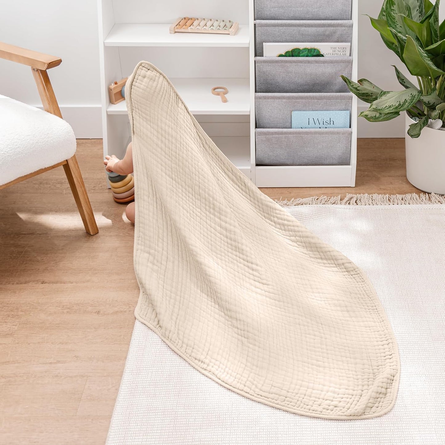 Comfy Cubs Hooded Baby Towel 1-Pack, Large 32 x 32 Inch - 6 Layer 100% Muslin Cotton for Babies, Toddlers and Kids - Soft & Absorbent Baby Bath Towels - Unisex Design for Bath Time - Sand