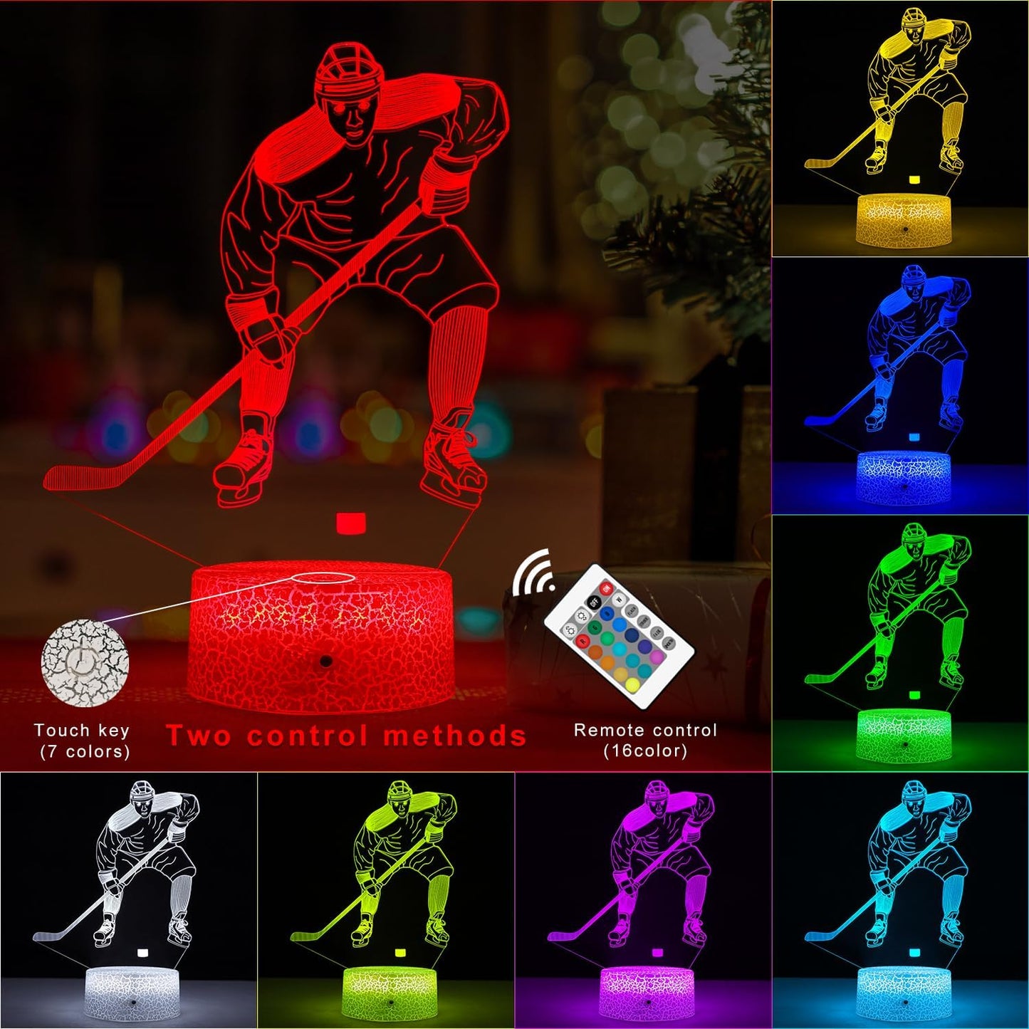 FlyonSea Kids Ice Hockey Gifts,Ice Hockey Toys 16 Color Changing Kids Night Light with Touch and Remote Control, Mens Ice Hockeys Decor Light Birthday Christmas Gifts for Kidss Boys Baby