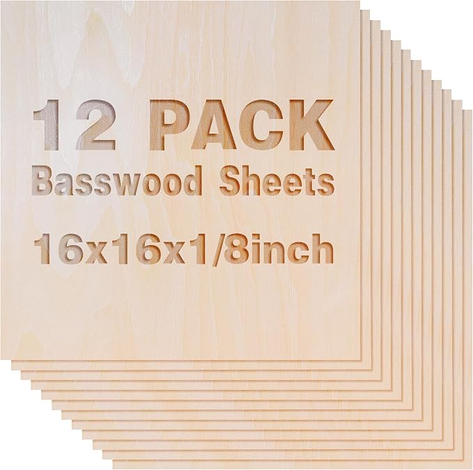 12 Pack Basswood Sheets 1/8x16x16 Inch, Unfinished Wood