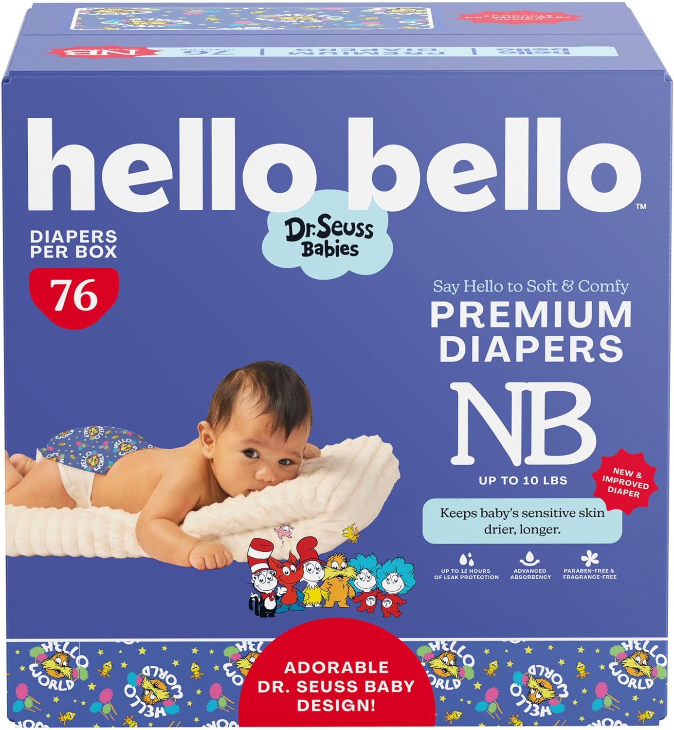 Hello Bello Dr. Seuss Babies Premium Diapers, Size NB, 76 Count: Softness & Protection for Sensitive Skin
