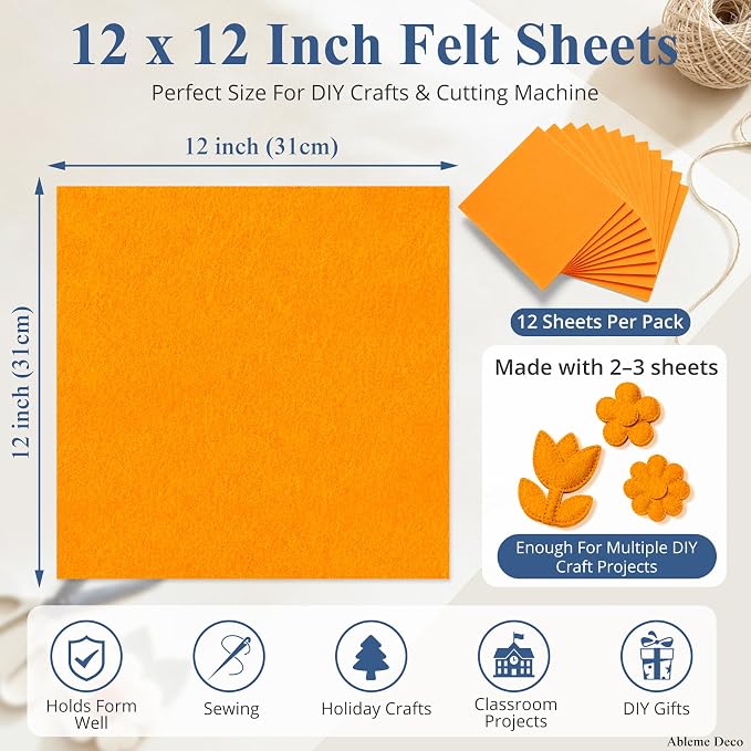12" x 12" Felt Sheets for Crafts, 2mm Stiff Felt Fabric, Polyester Felt Squares