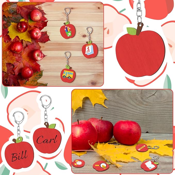 RattanView 24 Pcs Apple Craft Color Your Own Keychains DIY Craft Wooden Blank
