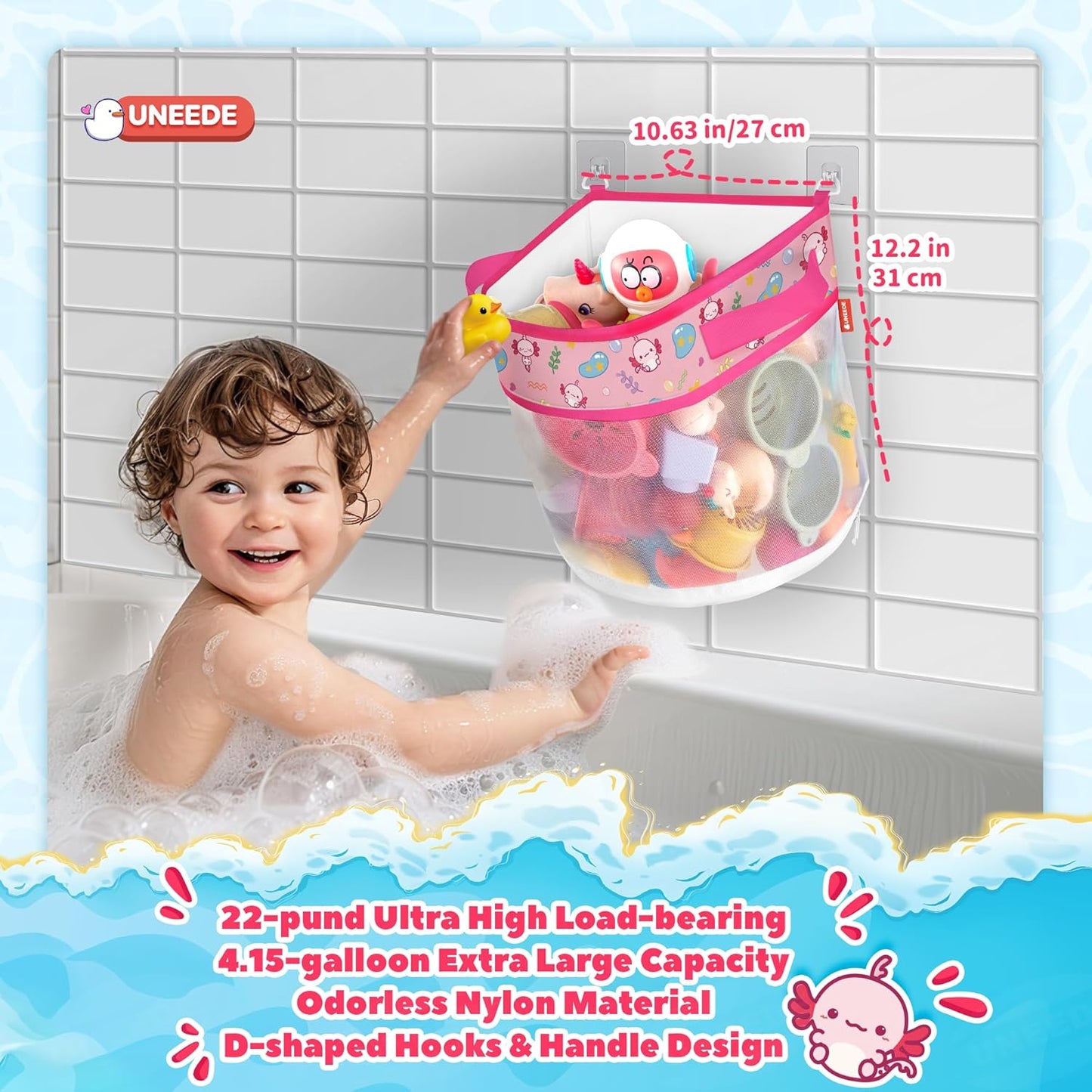 UNEEDE Axolotl Print Bath Organizer, 4.15 Gallons, Quick Dry Mesh Shower Caddy, Pink