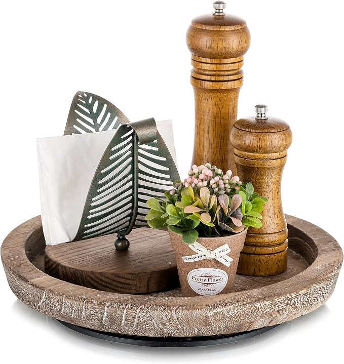 Hanobe Wooden Lazy Susan for Table Centerpiece, Round Serving Tray, 11.2" |