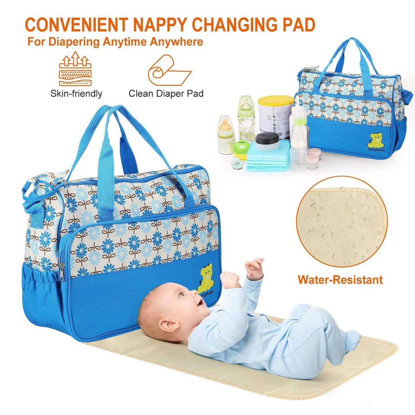 Moclever Diaper Bag Tote Set, 5PCS Baby Bags for Mom and Dad – Large Maternity Travel Bag with Insulated Bottle Holder, Food Bag & Portable Changing Pad, Waterproof Baby Essentials Organizer (Blue)