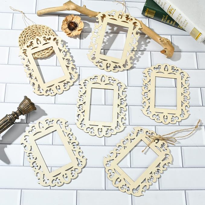 12 pcs Rectangle Theme Unfinished Wooden Photo Frames Floral Laser Cut Wood