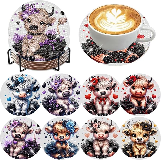 8 Pack Diamond Art Coasters, Highland Cow Diamond Painting Coasters Kits | Cow