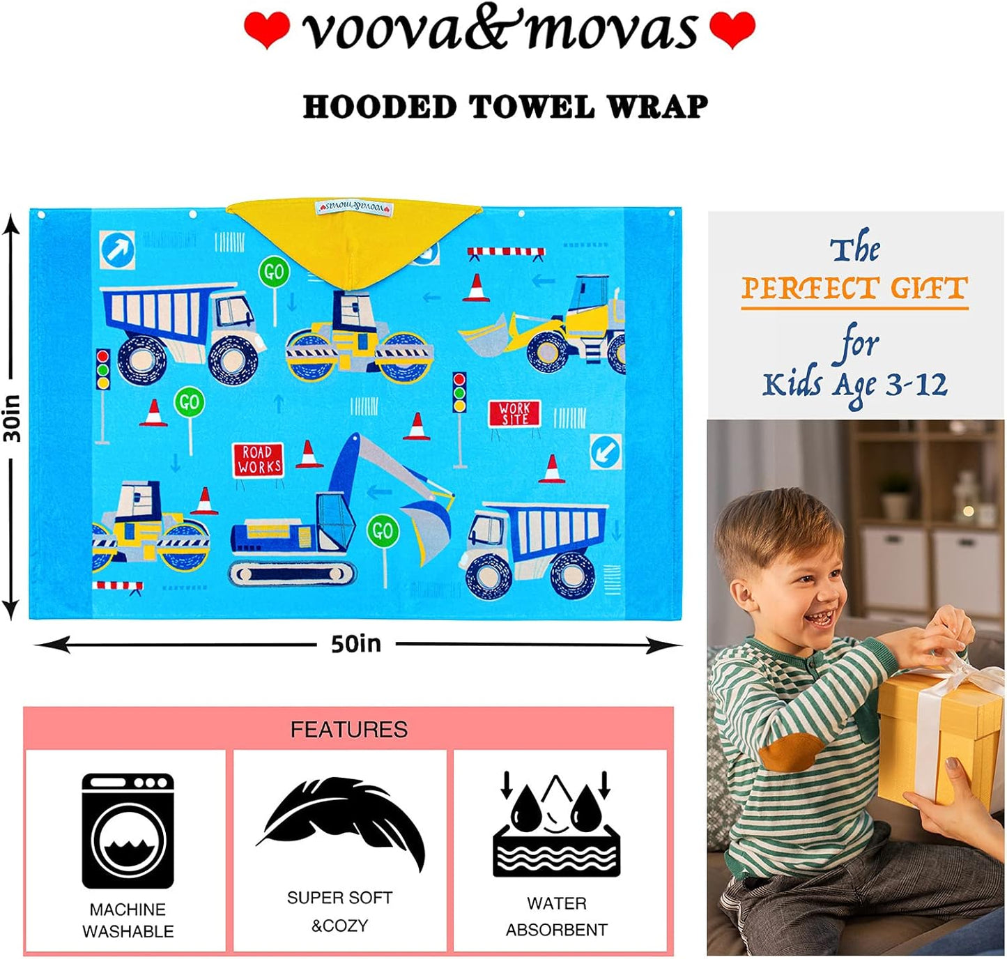 VOOVA & MOVAS Kids Towels Age 3-10, 30''X50, Soft | Thick | 100% Cotton, Large Absorbent Beach, Bath, Pool, Swim Towels | Cover up for Boys | Excavator Vehicle