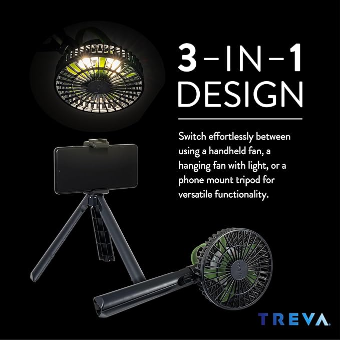 Treva 5 Inch Tripod Fan with Built-In Light and Attachable Phone Mount, Rechargeable 3-Speed Mini Fan with Handle for Travel, Camping, Outdoors