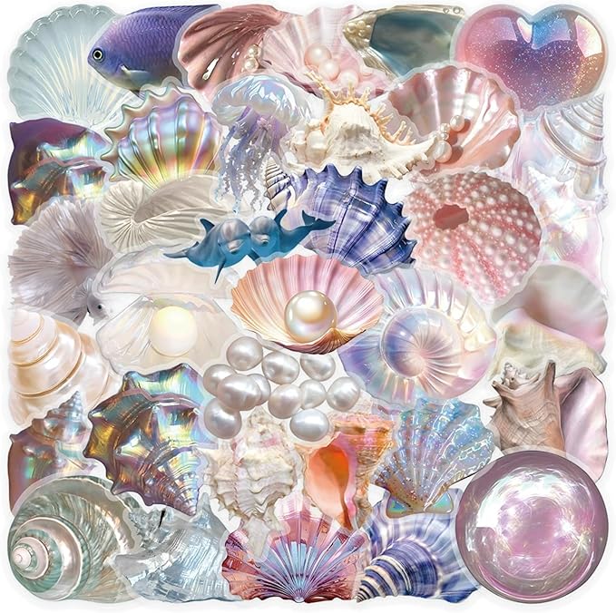 50PCS Sea Shell Stickers Aesthetic PET Transparent Conch Sticker Clamshell