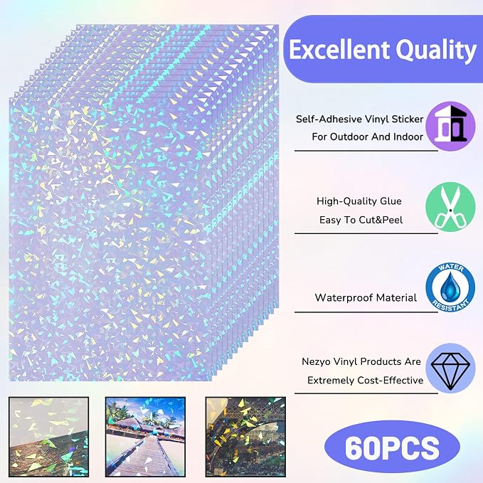 60 Sheets Holographic Laminate Sheets Clear Glitter A4 Size Vinyl Sticker Paper