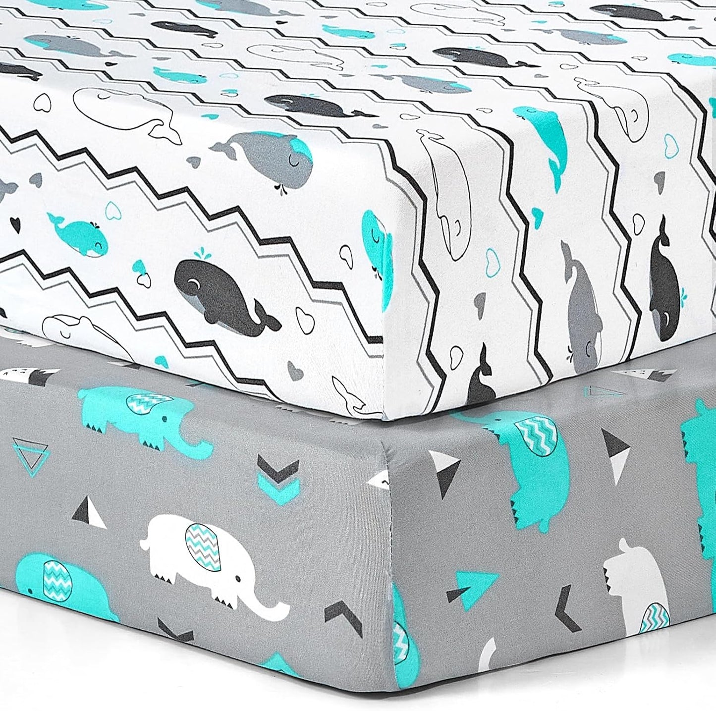 Pack n Play Sheets, BROLEX 2 Pack Mini Crib Sheets,Stretchy Portable Fitted Playard Sheet Set, Convertible Playard Mattress Cover,Ultra Soft Breathable Material,Elephant Whale
