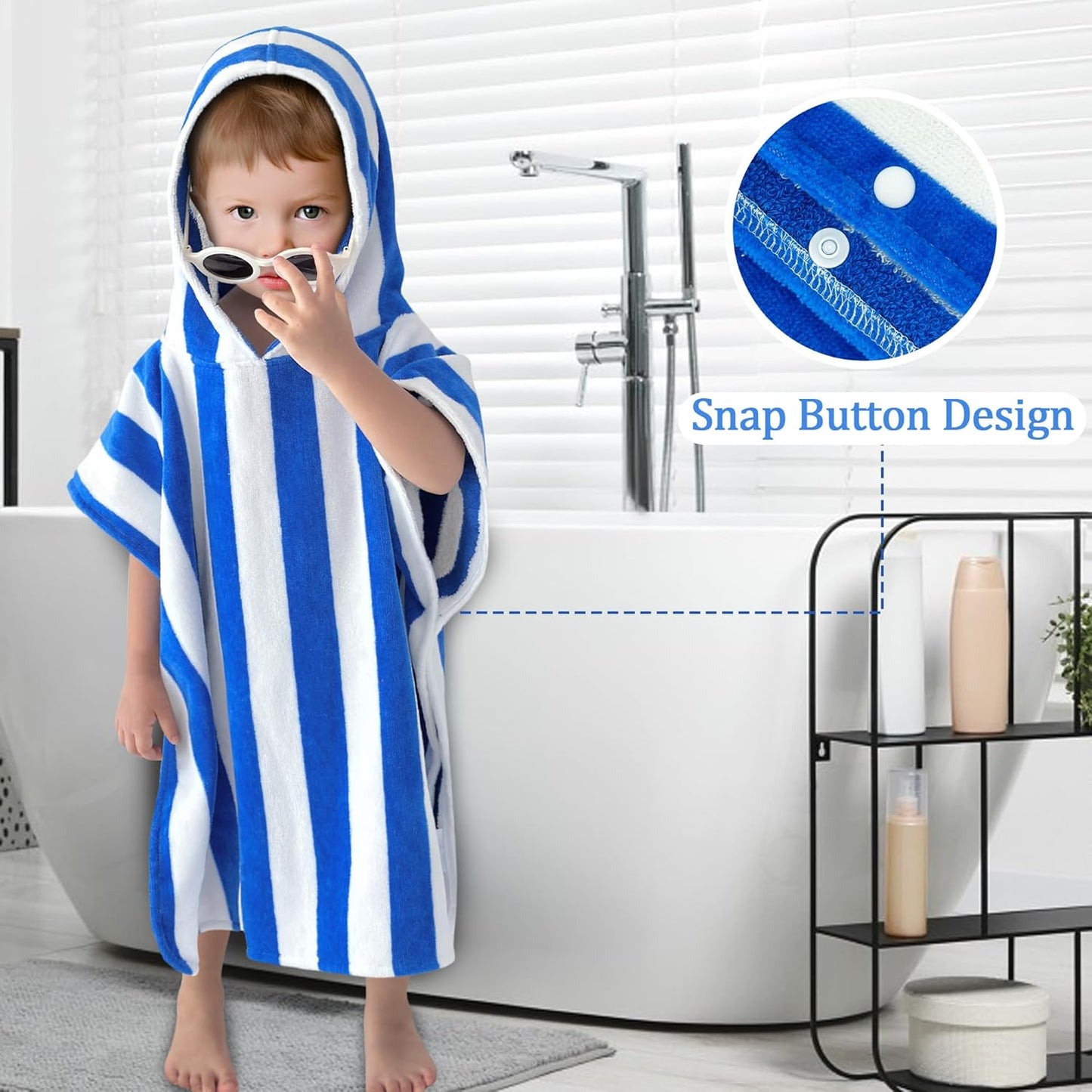 VOOVA & MOVAS Toddler Poncho Towels with Hood, Oversized (2-4Years,22"X22") Made from 100% Soft Cotton,Absorbent Hooded Towels for Baby Boys,Perfect for Pool | Swimming | Bath | Beach,Blue Stripe