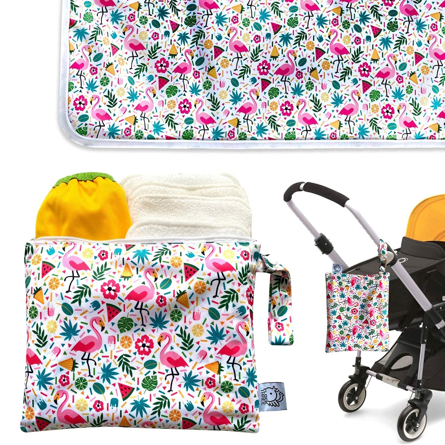 Flock Three Waterproof Baby Diaper Changing Pad with Storage Bag (43.3" X 28.7") Washable Wipeable Reusable Leak Proof Diaper Travel Mat Station Changing Mattress Liner Cribs Bed Cover, Flamingos
