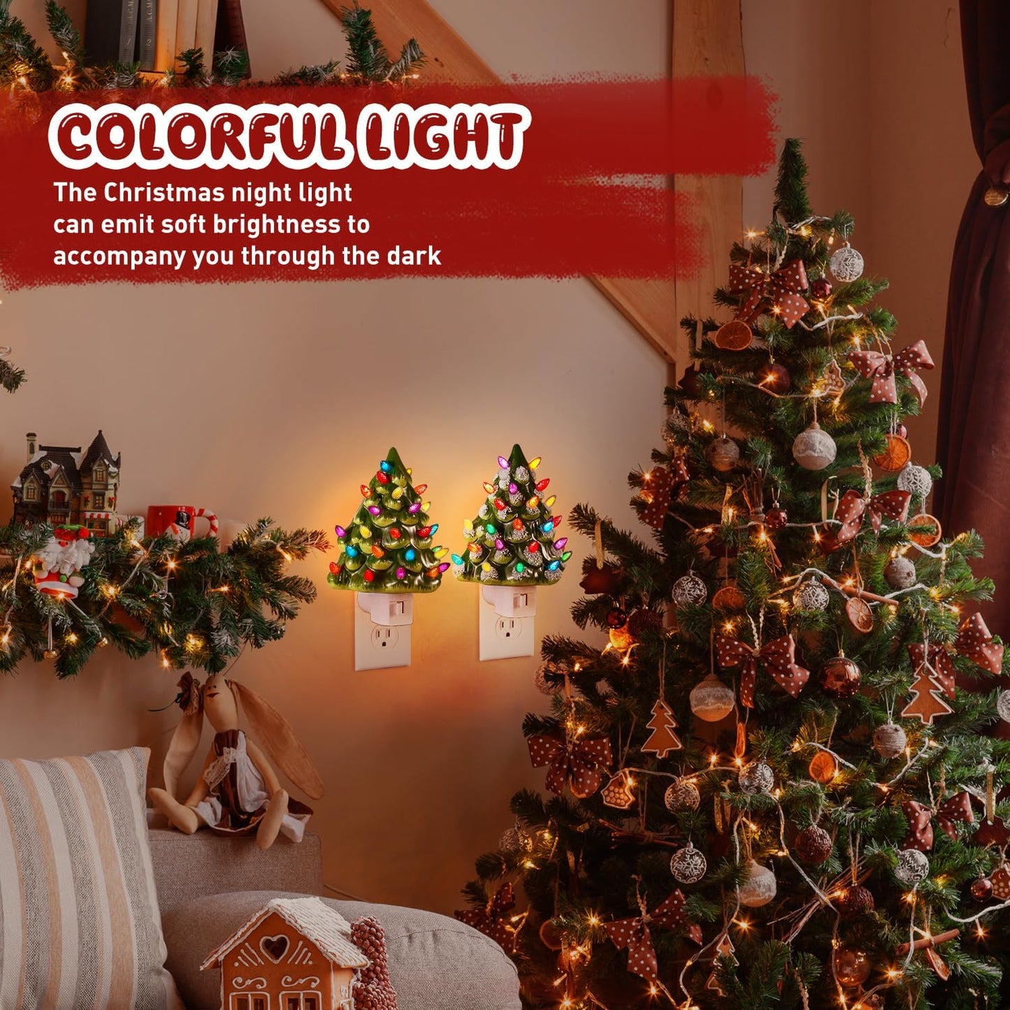 Tfro & Cile Ceramic Christmas Tree Night Light 2 Pack Xmas Decorative Tree Lamp Small Vintage Light Up Bathroom Decor with On/Off Switch for Home Bedroom