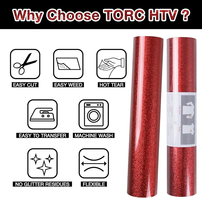 TORC Red Glitter HTV Heat Transfer Vinyl Roll 12 inch x 20 ft Iron on Vinyl
