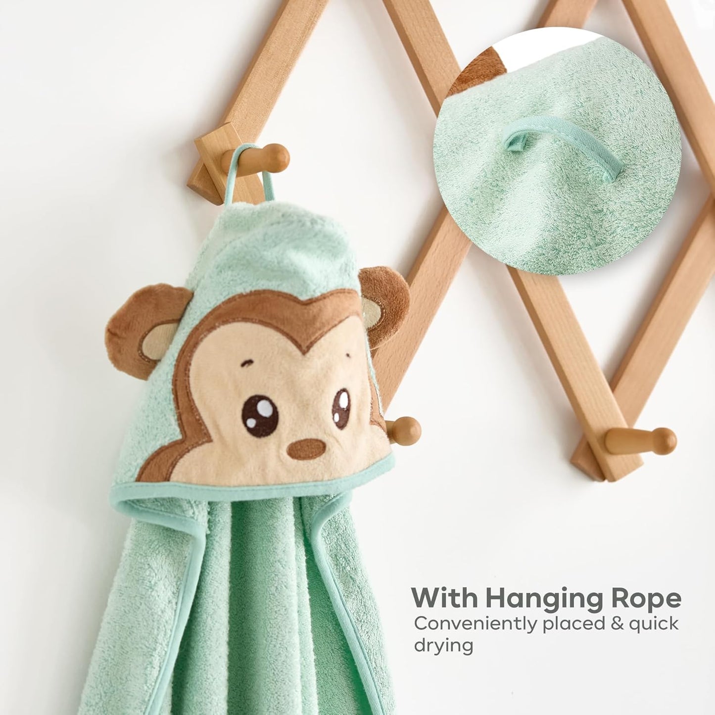 Bamboo Baby Towels with Hood – Mint Green 35x35” | Ultra-Soft Rayon from Bamboo & Cotton Bath Wrap | Adorable Monkey Hood for Newborns, Infants & Toddlers for Boys & Girls