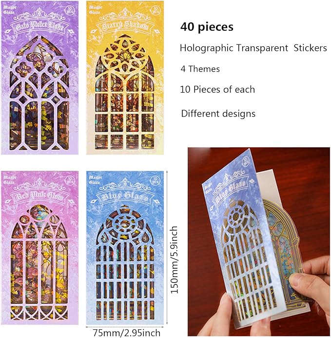 Holographic Transparent Glitter Stickers, 40 Pieces Window Frame Scrapbook Junk