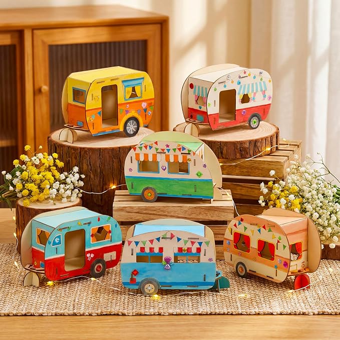DoubleFill 12 Pack Camping Craft Kits DIY Unfinished Wooden Camper Craft Bulk