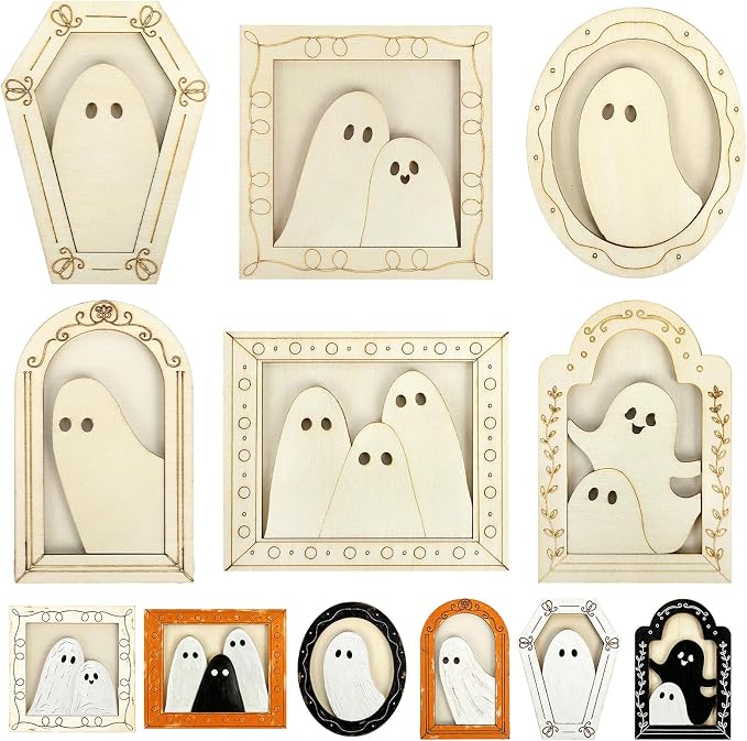 12 Sets Halloween Crafts Kit, Wood Ghost DIY Frames Decoration, Unfinished