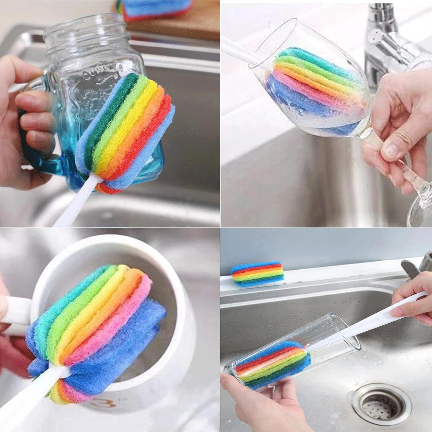 3PCS Cleaning Bottle Sponge Brush with Long Handle Scouring Pad Scrub Brushes for Kitchen Clean Glasses Mugs Cups