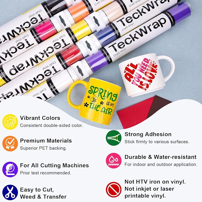 TECKWRAP 001 Glossy Permanent Vinyl - 12in x 3ft Rolls 10 Colors Adhesive Vinyl