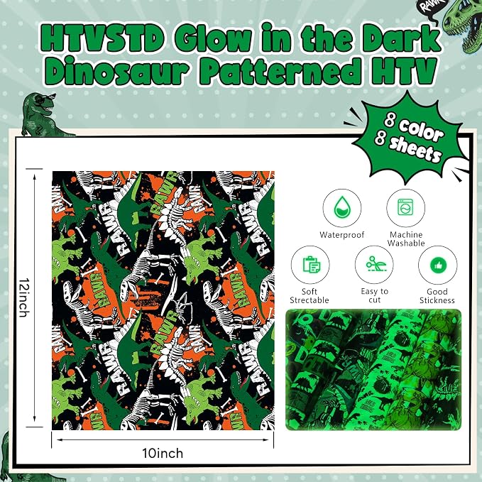 HTVSTD Dinosaur HTV Heat Transfer Vinyl 8 Sheets 12×10in Iron on Vinyl | Dark