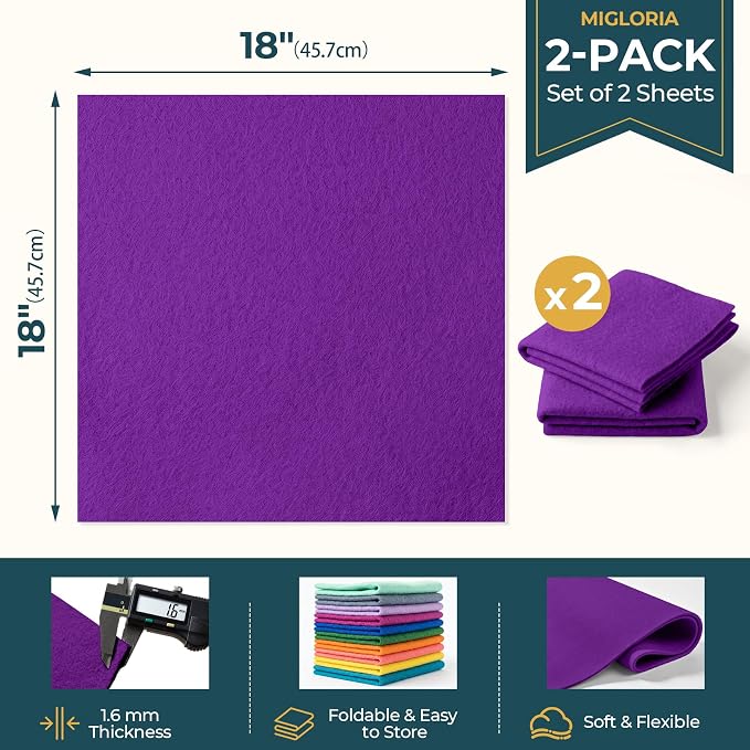 Felt Fabric Sheet 18 x 18 Inch, 1.6mm Thick | Soft and Flexible Nonwoven