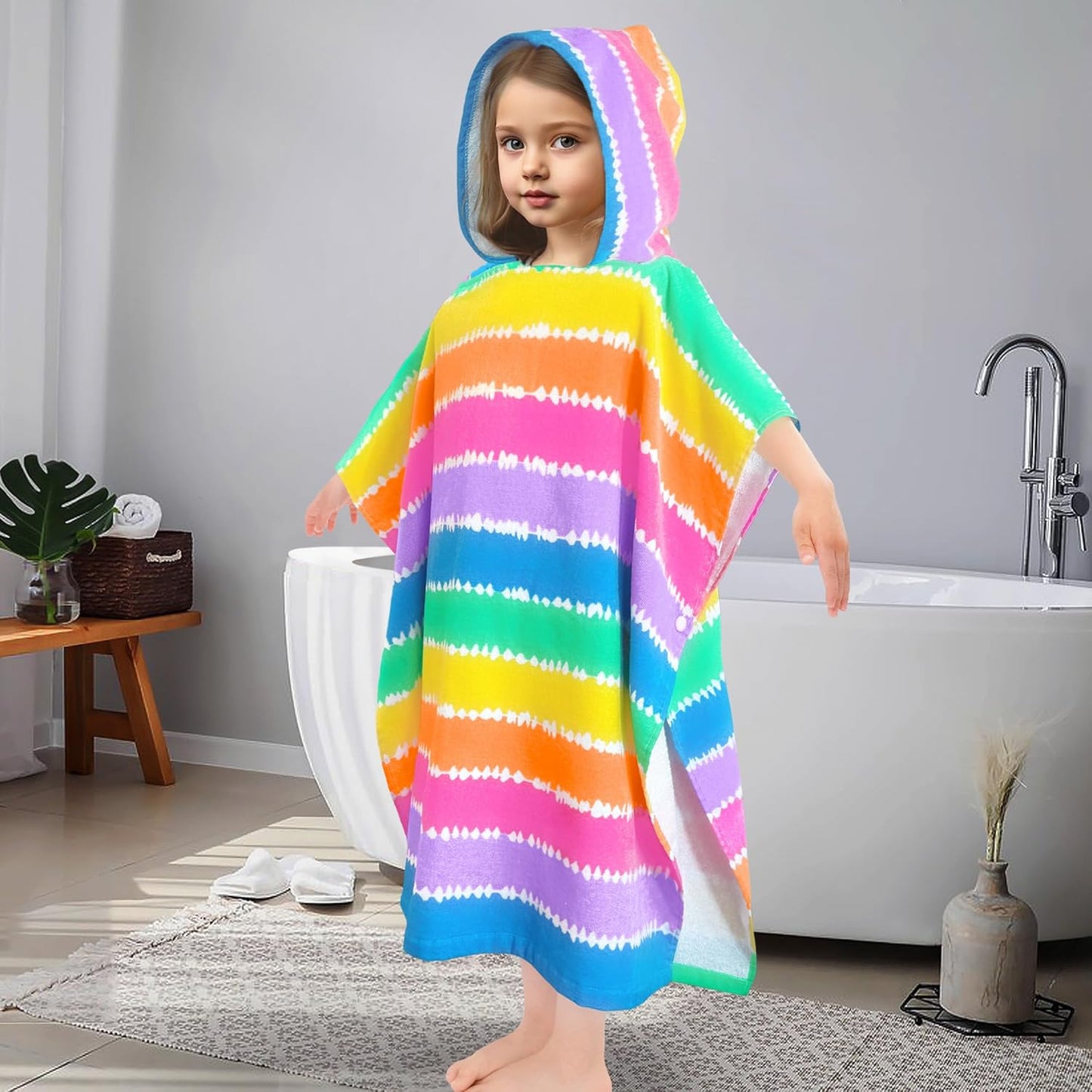 VOOVA & MOVAS Kids Bath Towel with Hood (3-10Years), Quick Dry Absorbent Lightweight Towel Wrap for Pool | Swim | Bath, Color Stripe