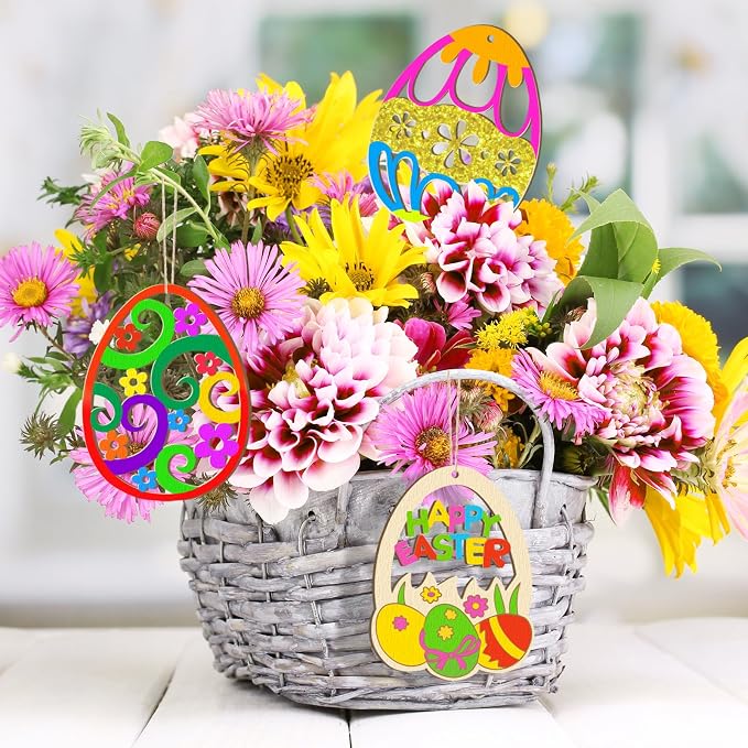 36PCS Wooden Easter Ornaments to Paint, 6 Styles DIY Blank Unfinished Wood Egg