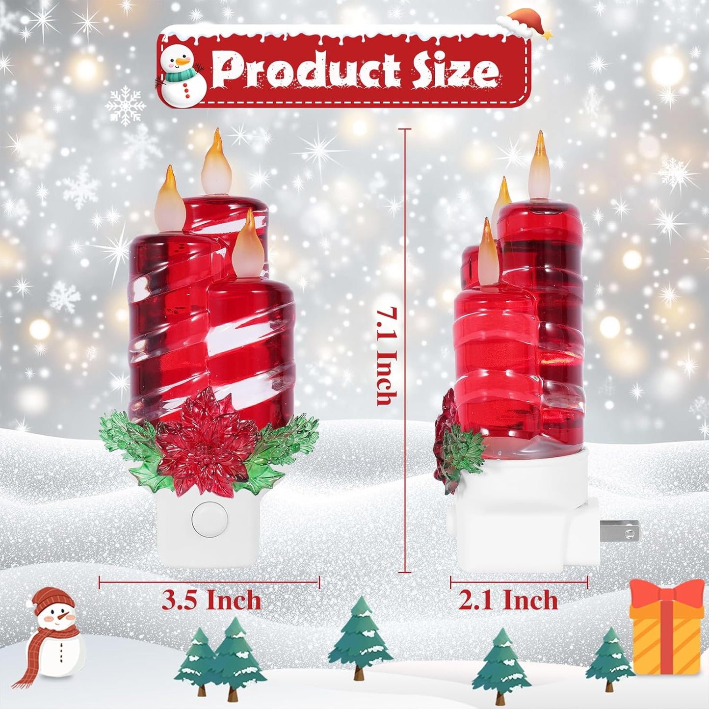 Christmas Candle Night Light Plug into Wall Glitter Water Nightlight with USB/Outlet Options, Christmas Decorative Nightlight for Bedroom Kitchen Nursery Hallway Holiday Decorations Gifts (Red Candle)