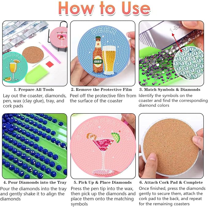Benjenes 8 PCS Diamond Art Coasters Kits Cocktail Diamond Painting Coaster |
