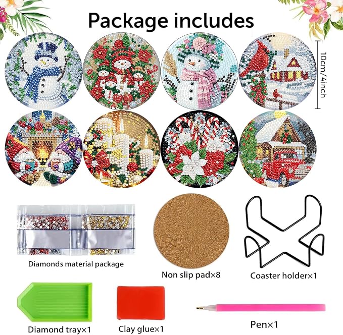 8 Pack Christmas Diamond Art Coasters, Diamond Painting Coasters Kits |